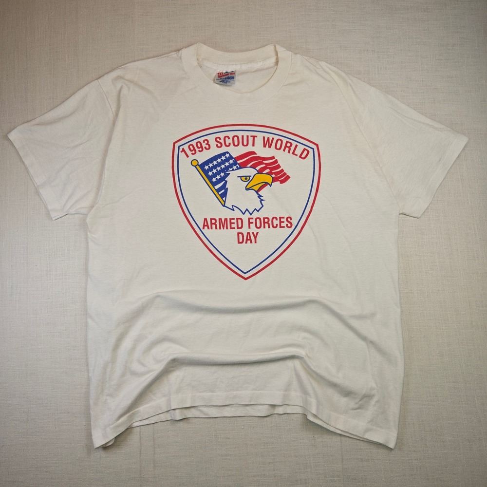 VTG 1993 Scout World T Shirt Armed Forces Day XL Men's White Single Stitch BSA